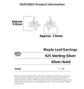 Detailed view of maple leaf stud earrings with 925 silver material and size markings
