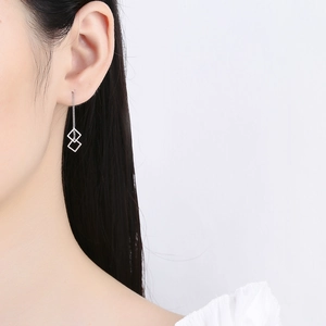 Minimalist 925 sterling silver threader earrings with hollow geometric square pendants
