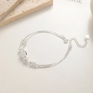 Three-layer 990 sterling silver transfer bead bracelet with heart pendant and lobster clasp
