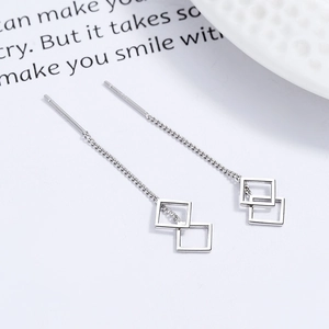 925 silver threader earrings with geometric hollow square tassels in minimalist style