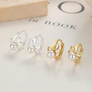 Elegantes pendientes de aro con lazo de plata esterlina 925 y perlas en oro y plata