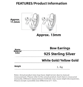 Detailed specs of 925 sterling silver bow earrings showing 11.3mm x 13mm dimensions