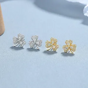 925 Sterling Silver Shamrock Stud Earrings For Women Electroplated Rhinestone Three Leaf Clover Fashion Jewelry Gift