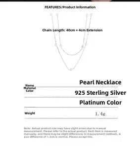 Detail view of 925 sterling silver pearl necklace with 40cm chain and 1.4g weight specs