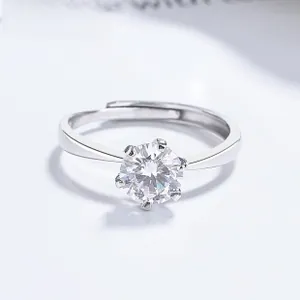 Detailed view of 925 sterling silver six-prong solitaire ring with adjustable band