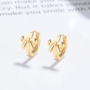Elegant 925 sterling silver bow hoop earrings with gold plating and engraved S925 hallmark