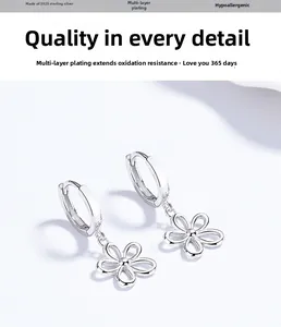 Detail of 925 sterling silver hollow flower earrings with high-grade electroplating finish