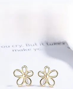 Detailed close-up of S925 sterling silver hollow flower earrings with gold plating finish
