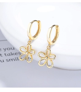 Detailed macro view of S925 sterling silver hollow flower earrings in gold finish