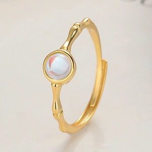 925 silver adjustable moonstone ring with golden bamboo textured band for women