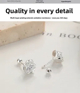 Detailed shot of 925 silver rose stud earrings with zircon and screw back closure