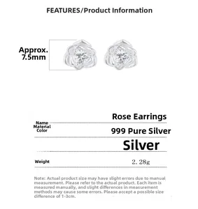 Detail view of 999 sterling silver rose stud earring with cubic zirconia and dimensions