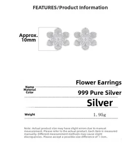 Vue détaillée de boucles d'oreilles fleur en argent 999 avec dimensions et poids