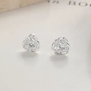 999 Sterling Silver Rose Flower Stud Earrings With Zirconia Inlaid Individual Fashion Earrings For Women Jewelry Gift