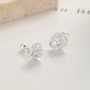 999 Sterling silver rose stud earrings with zircon inlay and screw ball back closure