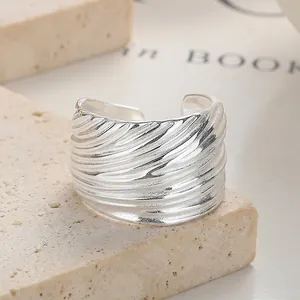 925 Sterling Silver Open Ring For Women Minimalist Wide Band Striped Wavy Texture Adjustable Finger Ring Fashion Jewelry