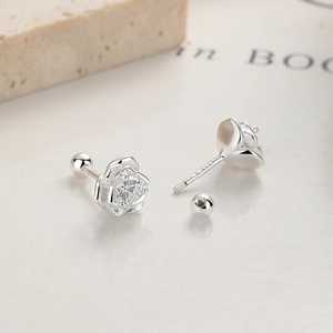 Sterling silver rose flower screw back stud earrings with sparkling cubic zirconia stone
