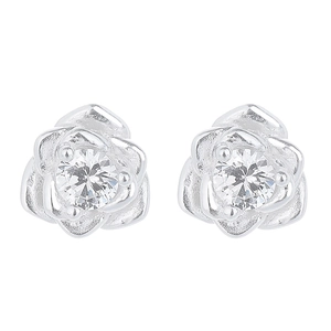 999 Sterling silver rose stud earrings with sparkling round zircon in minimalist style