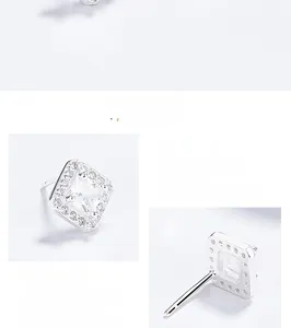 Macro shot of 925 sterling silver square stud earrings with pave halo setting