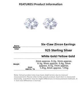 Detailed size chart for 925 sterling silver six-claw cubic zirconia stud earrings