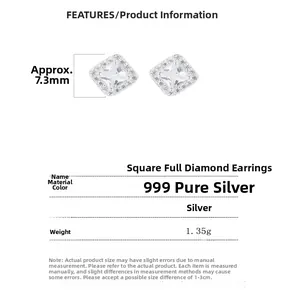 Detail view of 925 sterling silver square stud earrings with pave CZ and size specifications