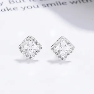 925 Sterling Silver Square Stud Earrings For Women Minimalist Geometric Halo Rhinestone Earrings Elegant Fashion Jewelry Accessories