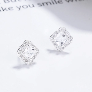Classic 925 sterling silver square halo stud earrings with brilliant zircon stones