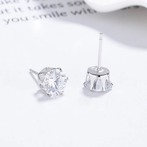 Classic S925 sterling silver six-prong stud earrings with clear round zirconia stones