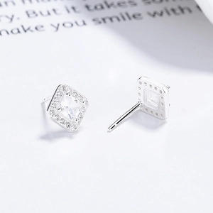 Elegant 925 sterling silver square halo stud earrings with brilliant cubic zirconia