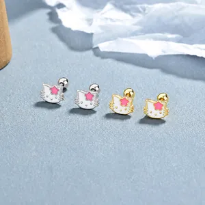 925 Sterling Silver Hello Kitty cat stud earrings with enamel finish and screw back