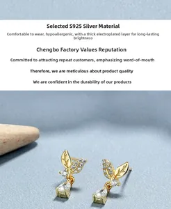 Close-up of S925 sterling silver leaf earrings with pear-cut zircon and gold plating