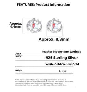 Detailed specs of 925 sterling silver feather earrings with moonstone and cubic zirconia