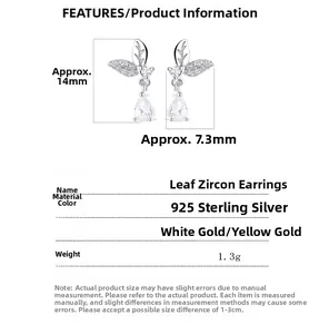 Detailed size specifications for 925 sterling silver leaf earrings with zircon drops