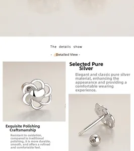 Detailed macro view of 925 sterling silver hollow heart flower stud earrings with screw back