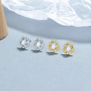 Women's 925 Sterling Silver Feather Moonstone Stud Earrings Personalized Crescent Moon Zirconia Inlaid Elegant Jewelry Accessory
