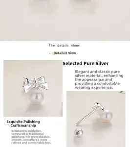 Detailed view of 925 sterling silver bow pearl earrings with S925 hallmark