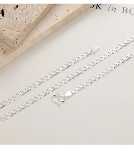 Detail of sterling silver interlocking chain necklace with S-hook clasp and flat links
