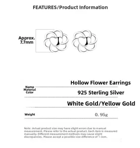 Macro shot of 925 silver hollow flower stud earrings with size and weight specifications