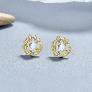 925 silver feather moonstone stud earrings in gold with blue stones and zircons