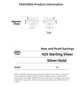 Detailed specs showing a 925 sterling silver bow pearl stud earring sized 7mm by 4mm
