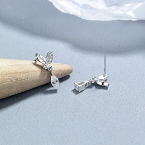 925 Sterling silver leaf earrings with sparkling water drop zircon stones and stud back