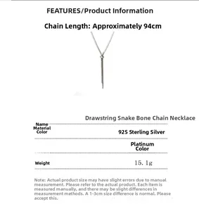 Detailed chart of 925 sterling silver snake chain necklace with 94cm adjustable length