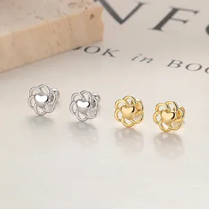 925 Sterling Silver Hollow Flower Heart Stud Earrings For Women Sweet Screw Ball Back Ear Bone Stud Fashion Minimalist Jewelry