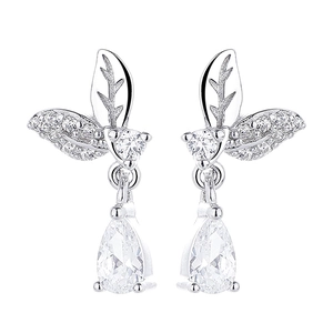 925 silver leaf earrings with sparkling pear-shaped zircon stones on white background