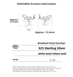 Detailed dimensions of 925 silver bow pearl earrings with cubic zirconia stones