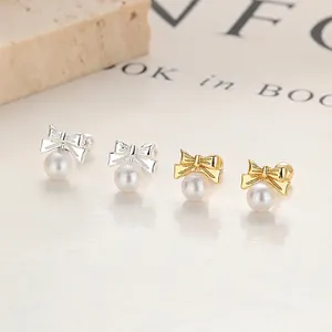 Sweet Bow Knot Artificial Pearl Stud Earrings With 925 Sterling Silver Earring Post Zircon Inlaid Elegant Daily Women Jewelry