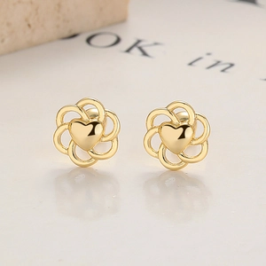 925 silver hollow flower heart stud earrings with gold finish and vintage sweet style