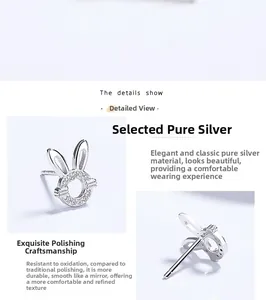 Détails de boucles d'oreilles lapin en argent 925 avec zircons brillants et évidement
