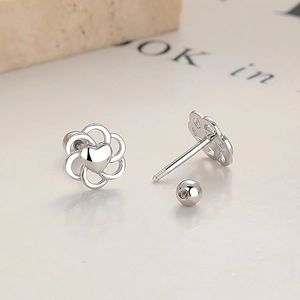 925 sterling silver hollow flower earrings with heart center and secure screw back design