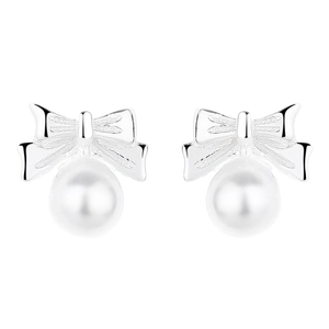 Elegant 925 sterling silver bowknot stud earrings with round white freshwater pearls